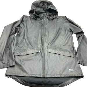 Helly Hansen Rain Jacket Mens Small Black Full Zip Hooded PVC Windbreaker Coat